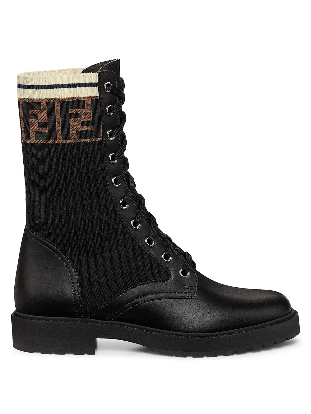 Fendi Black Leather Combat Boots with Monogram Knit Cuff